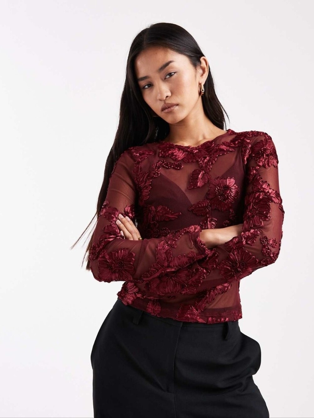 ASOS DESIGN Floral Mesh Long Sleeve Top in Red & Black Size 6